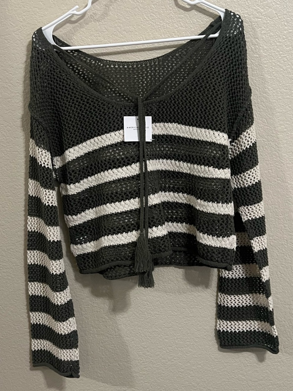 NWT Open-Knit Striped Cropped Sweater in Olive and Cream